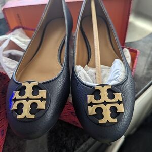 Tory Burch Black and Gold Logo Flats